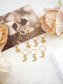 10个/套 星月图案发圈，独特金色发饰，适合化妆和派对 - 金色 - 查看 4