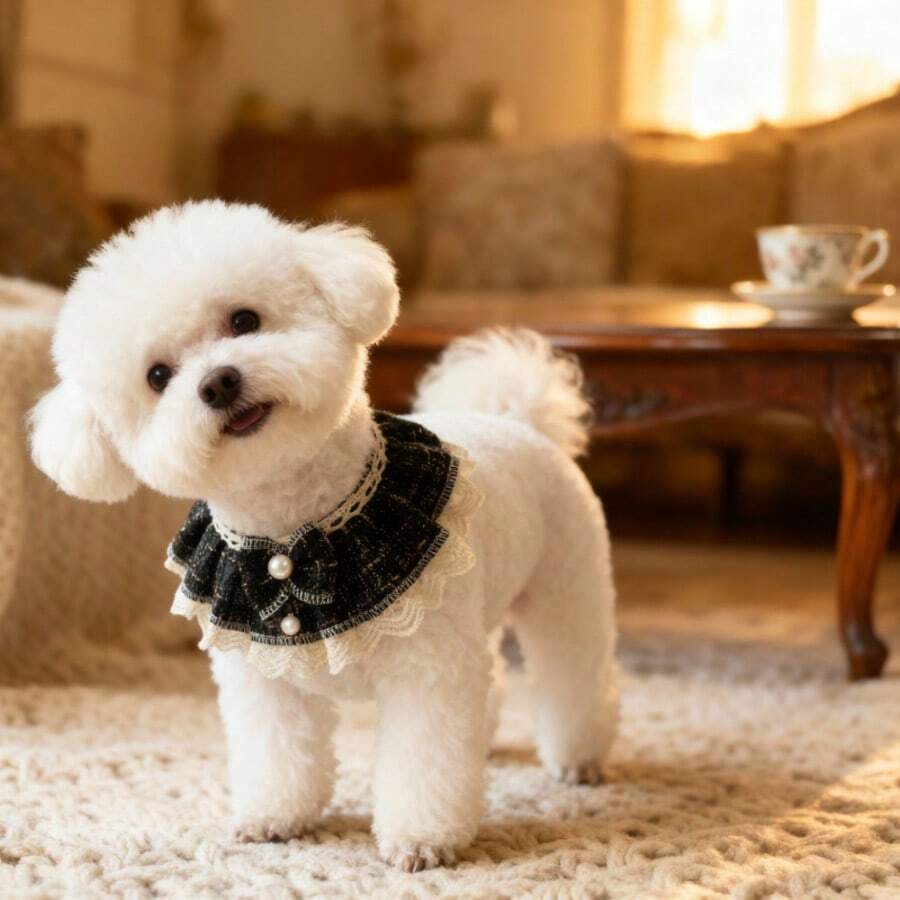 1 pezzo Bavaglino per animali domestici con bordo in pizzo fatto a mano/Papillon finto in perle - Stile principessa - Lunghezza regolabile - Collare per gatti Bavaglino per cani/Sciarpa per animali domestici/Bavaglino per sbavature per cani/Accessorio per animali domestici - Nuova collezione primavera - nero - Visualizzare 1