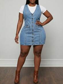 Jkorea Women's V-Neck Sleeveless Denim Mini Dress - Button Front Snatched Waist Dress Summer Aesthetic Streetwear - Rửa nhẹ - Xem 1