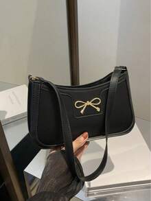 新款时尚休闲PU皮革女士单肩包，黑色、卡其色可选，蝴蝶结装饰，金属配件设计