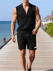 Men's Summer Casual Polo Collar Sleeveless Shirt And Shorts Set - Black - View 4