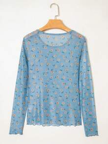 Acelitt 女士复古印花透视网纱性感修身长袖圆领上衣，海湾绿，度假风，秋季休闲春季 - 藍色 - 查看 5