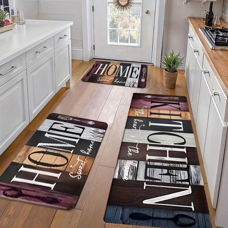 1/ 2/3 Kitchen Utensils Featuring A Wood Grain Design, Ideal For Home Decor. This Anti-Slip Carpet Is Made Of Flannel Material, Providing Softness, Comfort, And Easy Cleaning, With Dimensions Of 16X24, 20X31, And 17X47 Inches. - 40*60cm/15.7*23.6in(1pc) - View 1