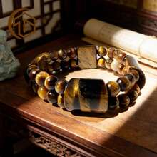 Zhenwei xina 多层虎眼石串珠手链 - 混合形状天然石，波西米亚风格男女皆宜，适合日常佩戴、提升健康状态，也是送给水晶爱好者的理想礼物。 - 黃色 - 查看 3