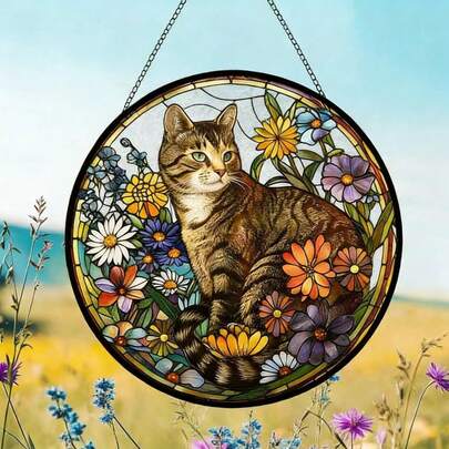 Colgante redondo de atrapasol de acrílico 2D con patrón floral y de gato atigrado
