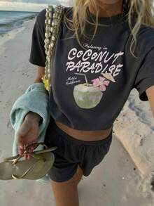 T-shirt ample à manches courtes, col rond, imprimé slogan simple, décontracté, idéal pour les vacances. Top pour un usage quotidien et les vacances. Top T-shirt pour femmes. - Gris foncé - Voir 1