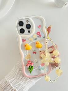 1pc Cream Patterned Painted Accessory With Attached Chain And Wavy Edge Cartoon Phone Case Compatible With IPhone 14, 14 Pro, 14 Pro Max, 13, 13 Pro, 13 Pro Max, 11, 11 Pro Max, 12, 12 Pro, 12 Pro Max, XR, XS, 15, 15 Pro, 15 Pro Max, 16, 16 Pro, 16 Pro Max, 17, 17 Pro, 17 Air, 17 Pro Max, Galaxy S24, A04, A12, A13, A14, A23, A24, A32, A33, A51, A52, A53, A54, A72, Redmi Series Redmi 9, Redmi 9A, Shock-Proof Phone Case - Multicolor - View 4