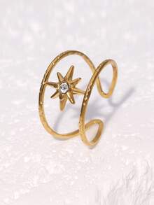 3pcs/Set Minimalist High-End Chic Geometric Star Shaped Adjustable Open Ring, Stainless Steel Gold Plated, Suitable For Women Daily, Party, Date Wear