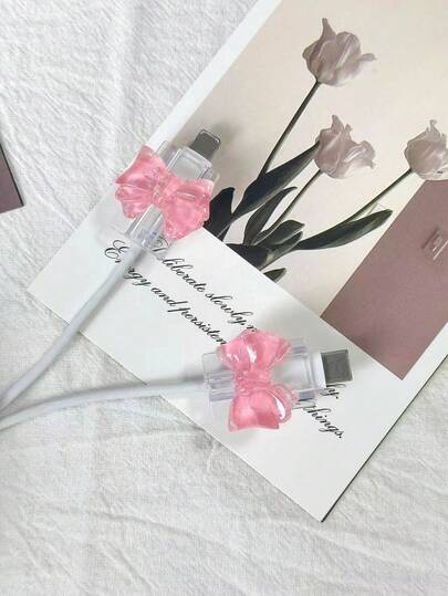 2pcs Transparent Bow Data Cable Protector, Versatile Gift For Valentine's Day, Compatible With Apple 20W Charger And Android Devices