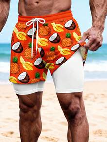 Men's Summer Vacation Breathable Mesh Double Layer Fruit Print Drawstring Waist Beach Shorts - Multicolor - View 1