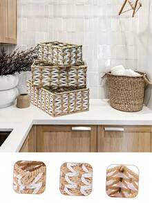 Handwoven Storage Basket, Multipurpose Desktop Organizer Box, Living Room Storage Bin, Can Store Snacks, Toys, Keys And Small Items, Bohemian Geometric Woven Basket, Wooden Rattan Planter Stand, Mixed Natural Rope Decor, Creates A Coastal Ambiance. - Rectangle - View 3