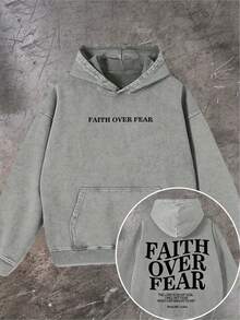 Men's Fashionable Autumn Washed Distressed Pocket Hoodie, Men's Vintage Washed Hooded Sweatshirt With Faith Over Fear Back Print - Y2K Streetwear Oversized Pullover, Pink & White Retro Lettering, Hip-Hop Campus Style, Loose Fit Casual Sweater For Men, All-Season Comfort, Machine Washable, Cordless Design With Front Pocket, Double-Sided Print, Relaxed Fit For Parties & Casual Attire, Sweatshirt For Men, Hoodie, Plus Size Hoodies For Men, Hoodie Jacket For Men, Thick Hoodies For Men - Street Fashion Outerwear - 灰色 - 查看 11