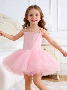 1pc Young Girl Lovely Elegant Princess Sweet Academy Ballet Style Breathable Lightweight Tulle Strap Tutu Dress, Suitable For Party, Birthday, Celebration, Holiday, Performance, Banquet, All Seasons - Pink - View 2
