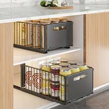 2pcs Pull-Out Sink Organizer Rack, Durable Metal Sliding Storage Drawer, Large Capacity Dual-Layer Organizer Rack, Suitable For Kitchen And Dining Table, Kitchen Storage And Organization, Kitchen Accessories - Black - View 7