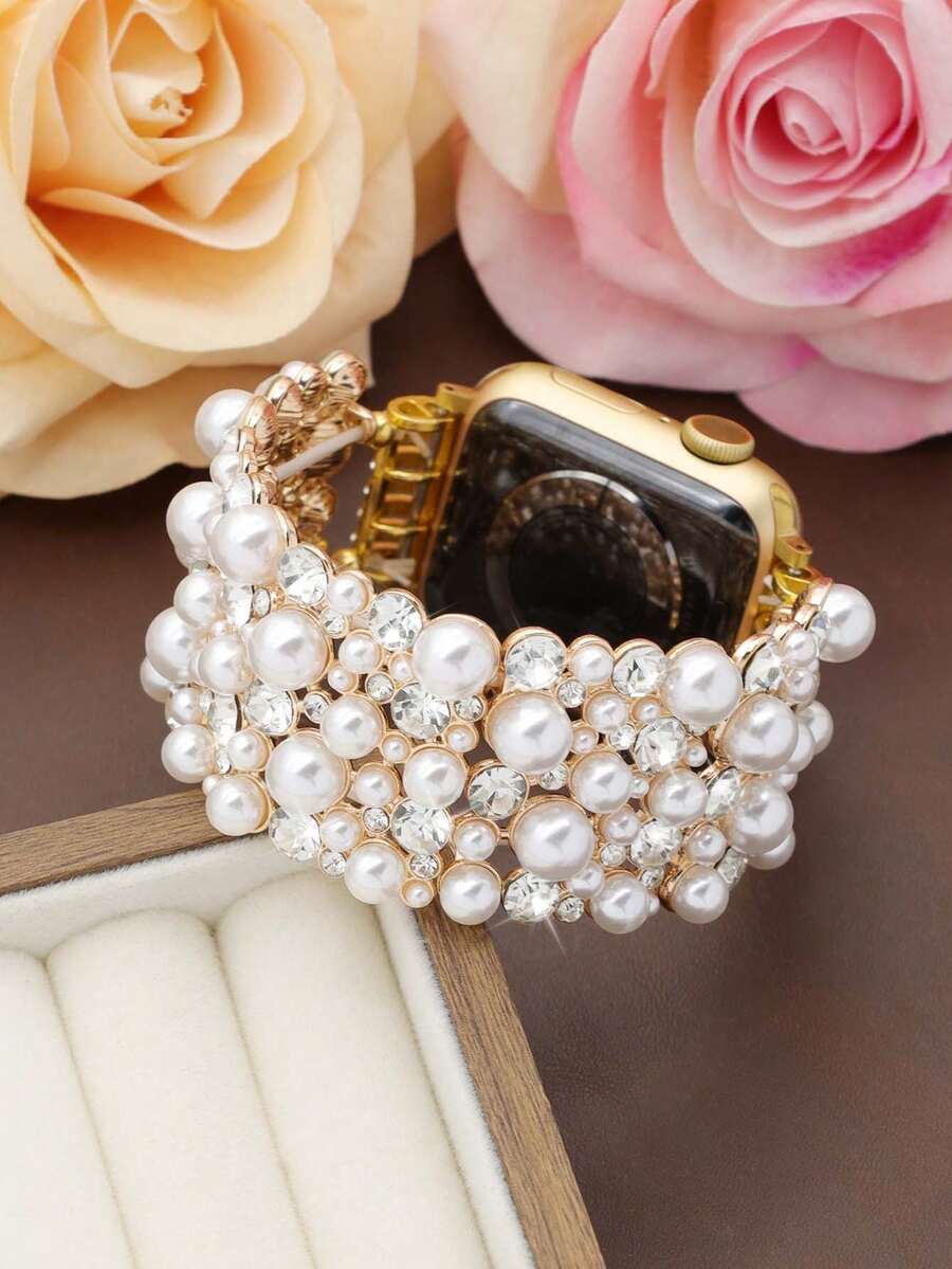 Huastonband 1件金色調全水鑽與珍珠彈性手環錶帶女款 Ultra3 2/SE/S11/S10/S9/S8/S7/S6/S5/S4/S3/S2/1，38mm/40mm/41mm/42mm/44mm/45mm/46mm/49mm，奢華珍珠與鑽石鍍彈性手鍊，時尚獨特設計適用於派對、海灘、婚禮、畢業典禮及其他場合