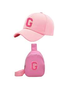 Set de 2 piezas: Gorra de béisbol con letra A-Z y bolsa de almacenamiento a juego, sombrero casual de protección solar para exteriores, adecuado para niñas, primavera/otoño, apto para viajes, playa, vacaciones - Rosa - Ver 9
