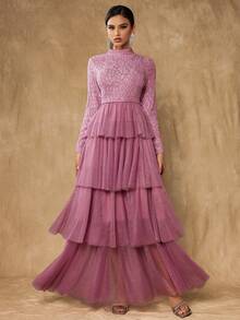 Women's Long Party Dress, Layered Mesh Skirt, Contrast Lace Collar Long Sleeve Top, Elegant A-Line Dress - Pink - View 4