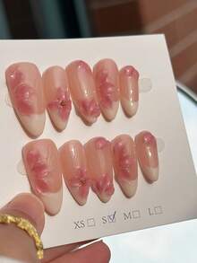 10pcs 3D Pink Floral Design French Manicure Nails, Handmade Full Coverage Almond Medium Length Nails, 3D Hand-Painted Flower Carving Design, Bright & Glossy Pink & White Duckbill Shaped High-End Minimalist Vacation Style Elegant Nail Art - Multicolor - View 6