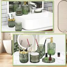 Green Bathroom Accessories Set, 5 Pcs Glass Bathroom Accessories With Lotion Soap Dispenser, Soap Dish, Toothbrush Holder, Tumbler, Cotton Swab Jars, Perfect For Bathroom Theme Gift - màu xanh lá - Xem 4