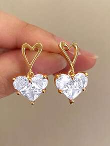 3件套优雅Y2K风格铂金镀层水钻心形耳环项链首饰套装，百搭日常佩戴、约会、派对、送礼亲友、情人节、四季皆宜（无包装盒） - 彩色 - 查看 2