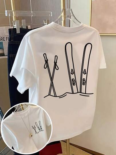 Skiing Skis Print Short-Sleeve T-Shirt | Casual Crew Neck Top For Women, Fashionable Spring/Summer Wear,Summer Tops,Going Out Tops
