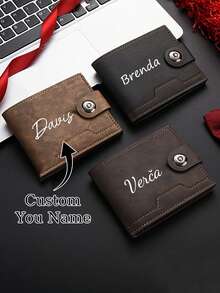 Customized Men's Wallets, With Customizable Names Or Images. Made Of Personalized Retro-Style Faux Leather, Multifunctional, Versatile