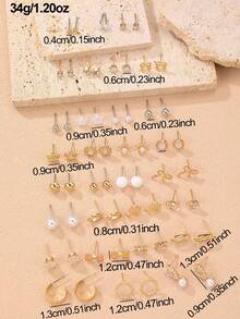 30 Pairs Fashionable & Elegant Metal Butterfly, Flower, Faux Pearl & Rhinestone Geometric Stud Earrings Set, Suitable For Women's Daily Wear, Dates, Parties - Multicolor - View 5