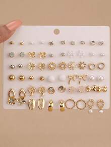 30 Pairs Fashionable & Elegant Metal Butterfly, Flower, Faux Pearl & Rhinestone Geometric Stud Earrings Set, Suitable For Women's Daily Wear, Dates, Parties - Multicolor - View 7