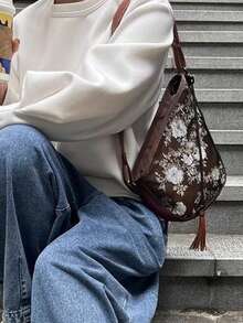 1个复古花卉印花流苏单肩包，波西米亚风格不规则拼接刺绣手提包，适合通勤、街头、旅行、艺术风格，适合森林女孩、时尚年轻女性、爱好者、领导者 - 棕色 - 查看 5