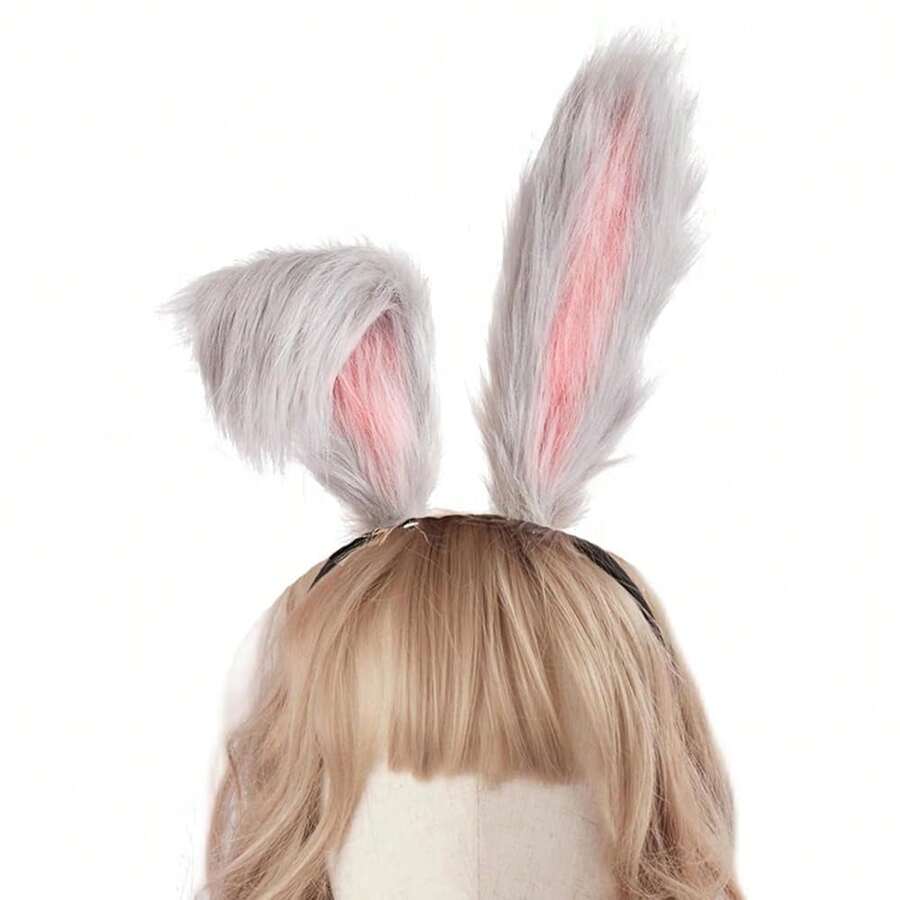 Cute Rabbit Ears Headband Long Furry Dog Ears Animal Cosplay Headband (Gray) - Gris - Ver 1