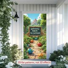 2D 平面门 1 件装 欢迎返校横幅，以一块刻有“欢迎返校”字样的木牌为特色，周围环绕着鲜花、植物、卡通花盆和球形装饰品，背景是绿树、蝴蝶和远处的建筑物。 - 彩色 - 查看 8