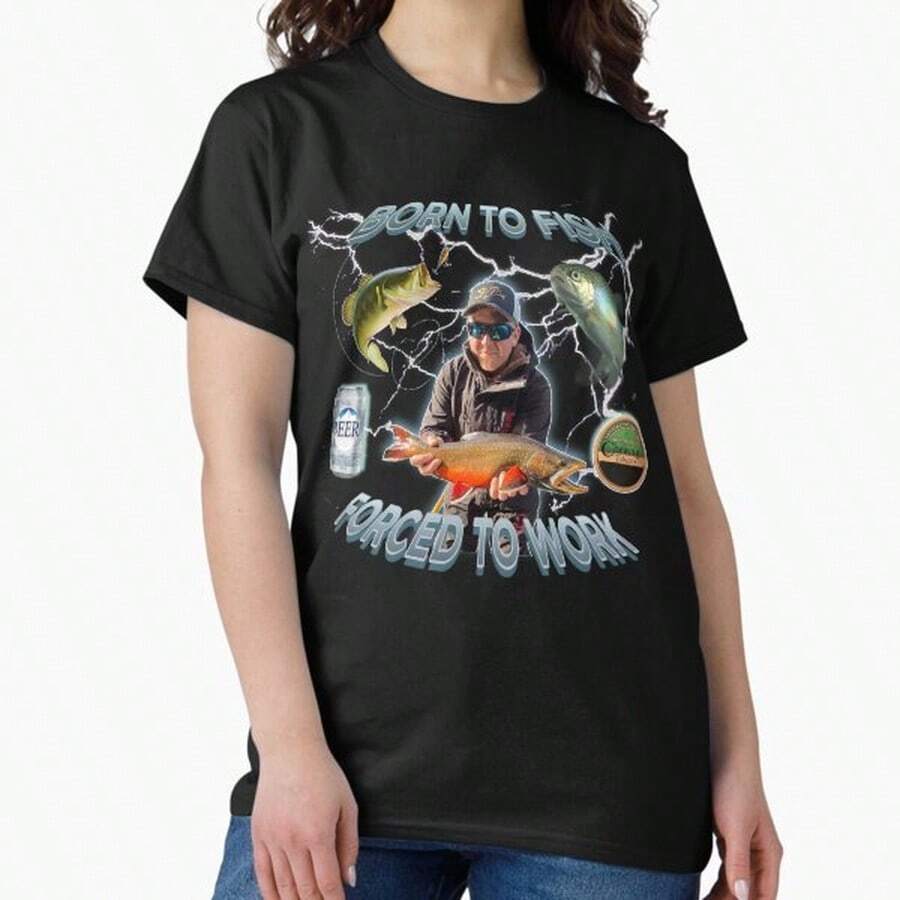 Nacido para pescar, obligado a trabajar Camiseta Clásica - Negro - Ver 1