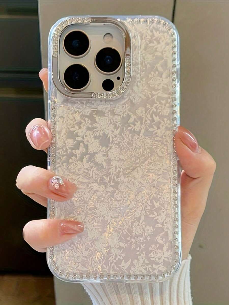 Funda de teléfono con patrón de flores blancas, brillo y glaciar, compatible con iPhone 17 Pro Max, 17 Pro, 16 Pro Max, 15, 13 Pro, 14 Plus, 12 Pro, 17 Air, 11, con borde de cristal de Rhinestone, a prueba de golpes y protección anti caídas
