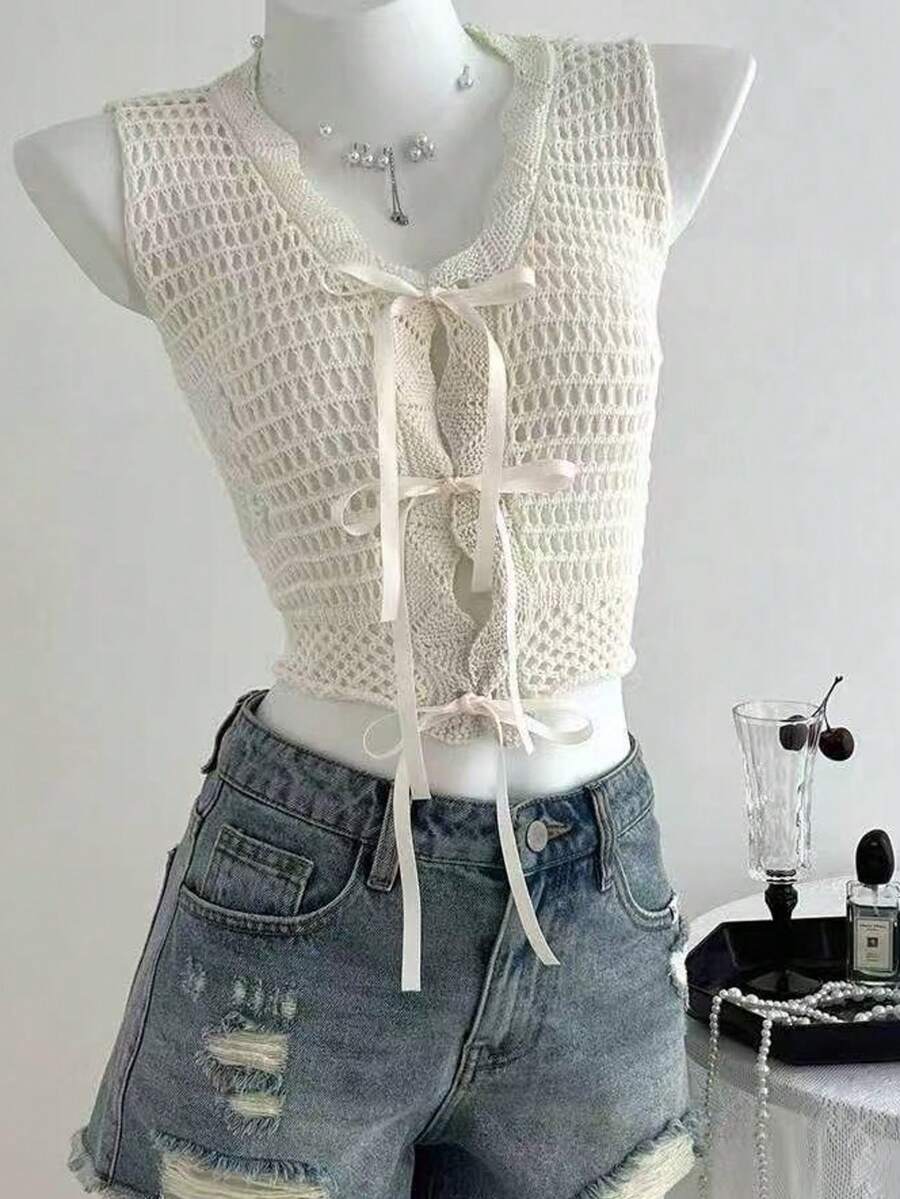 Solid Color Hollow Out Tie Front Sleeveless Knit Sweater Vest, Suitable For Vacation & Beach - White - View 1
