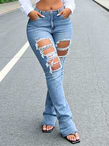 Quần jeans ống loe rách gối, chất liệu denim mài, đa năng dành cho nữ, phù hợp cho đi làm, đi nghỉ mát và hẹn hò. - Rửa trung bình - Xem 7