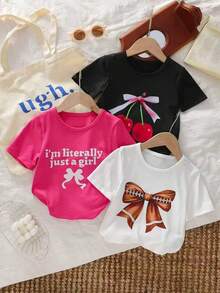 3件套女童印花圆领短袖T恤，适合夏季日常穿着、上学、玩耍和家庭出游 - 彩色 - 查看 1