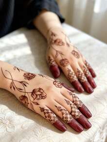 4 أوراق قوالب حناء ذاتية اللصق قابلة لإعادة الاستخدام - قوالب تصاميم زهرية لفن الجسم DIY، مثالية للحفلات والمناسبات، قوالب للأعمال اليدوية قابلة لإعادة الاستخدام، تصاميم الحناء - الأسود - مشاهدة 3