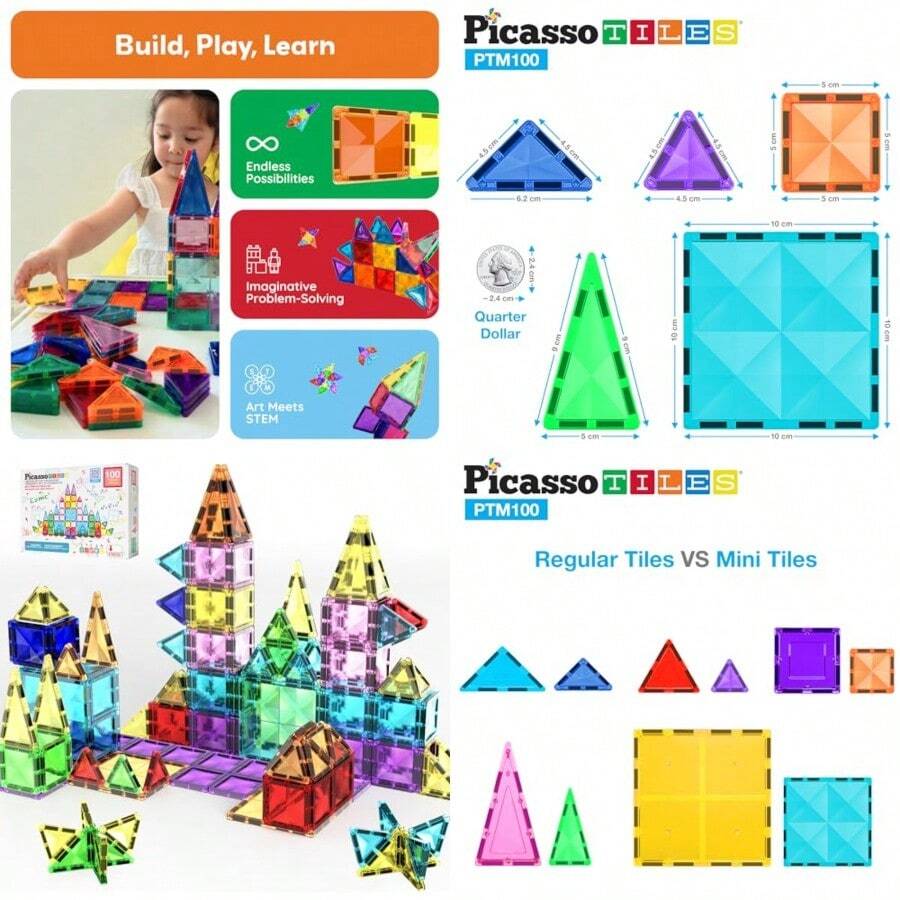 PicassoTiles - Juego de 100 Piezas de Mini Bloques magneticos Serie de Diamantes Bloques de construccion con iman Aprendizaje Stem para niños a Partir de 3 años PTM100Diversión infantil, alegría, juguetes necesarios para niños - Multicolor - Ver 1