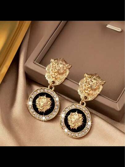 两件欧美轻奢几何夸张设计狮子造型女士耳环