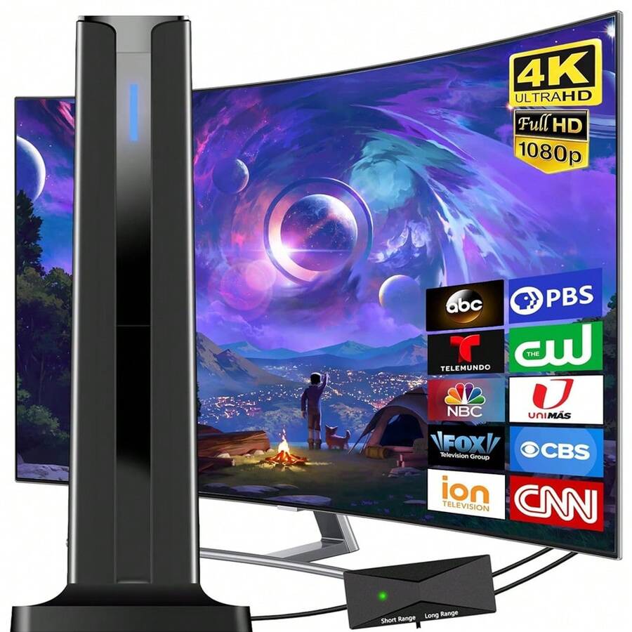 2026 4K电视天线室内/室外 - 4K/1080P数字信号增强器，远距离Freeview高清调谐器，带电源，通用（DTMB/ATSC/DVB-T/ISDB-T），适用于家庭和车载电视，兼容智能电视接收器 - 黑色 - 查看 1