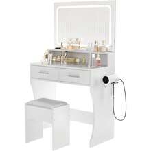 Mesa de tocador con espejo y luces – Pequeño conjunto de mesa de maquillaje con cajones, estación de carga y taburete, mesa de tocador compacta de madera para dormitorios de niñas, residencias y apartamentos - Blanco - Ver 8