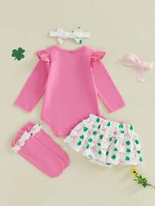 My First St Patricks Day Outfit Baby Girl Romper Shamrock Ruffle Shorts Blommers Socks Set St Patricks Dress Clothes - Hồng - Xem 2