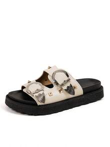 Solid Color Double Strap, Rivet, New Fashion Metal Buckle Decor, Open Toe, Platform Thick Sole Slippers, Comfortable & Versatile Beach Sandals, Suitable For Daily Wear - White - View 6
