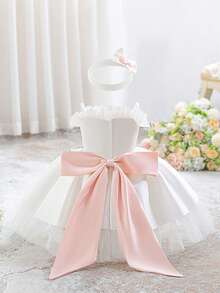 Baby Girls Spaghetti Strap Floral Print Dress With Bow Back, Cute Wedding Flower Girl Dress Suitable For 1st Birthday, Fabric Print Pattern Randomly Cut - 彩色 - 查看 2