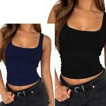 2pcs Women'S Sleeveless Strappy Tank Square Neck Double Layer Workout Fitness Casual Basic Crop Tops, Suitable For Sweet And Cool Styling, Soft And Wrinkle-Resistant - Đen và xanh hải quân - Xem 6