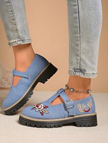 Women's Black Shiny Bow Loafers, Thick Sole British Style All-Season Shoes - Baby Blue - View 4