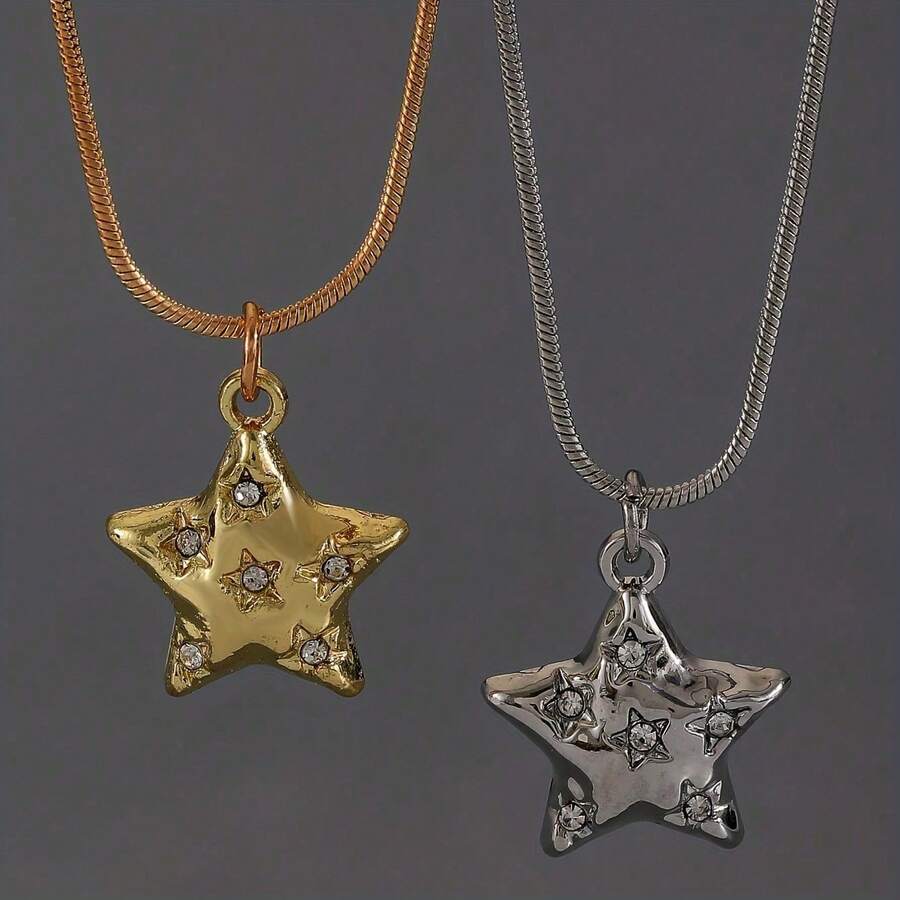 Fashion New Exquisite Inlaid Synthetic Cubic Zirconia Five-Pointed Star Pendant Necklace Retro Versatile Suitable For Men And Women Daily Wear - 1 - Xem 1