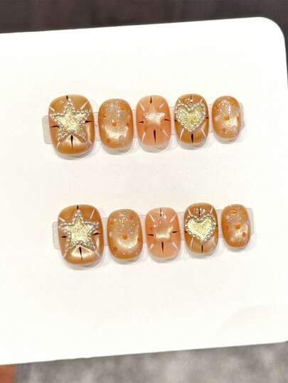 10pcs Gilded Sweet Handmade Acrylic Press On Nails, Warm Orange Gradient With Star/Heart Gold Fake Nails, Short Square False Nails, DIY Nail Art Supplies, Reusable, With Jelly Glue And Nail File, Suitable For Daily Wear, Valentine's Day Nail Art, Wedding Bridal Nails
