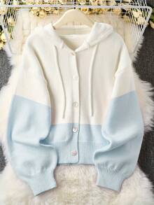 Women'S Casual Blue Color Block Hooded Sweater - Cozy Long Sleeve Cardigan With Button Details, Perfect For Fall/Winter, Relaxed Fit, Long Sleeve Sweater - 藍色 - 查看 6