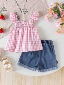 2pcs Girls Toddler Casual Strawberry Plaid Top + Blue Denim Shorts Set, Summer Vacation Outfit - Pink - View 2